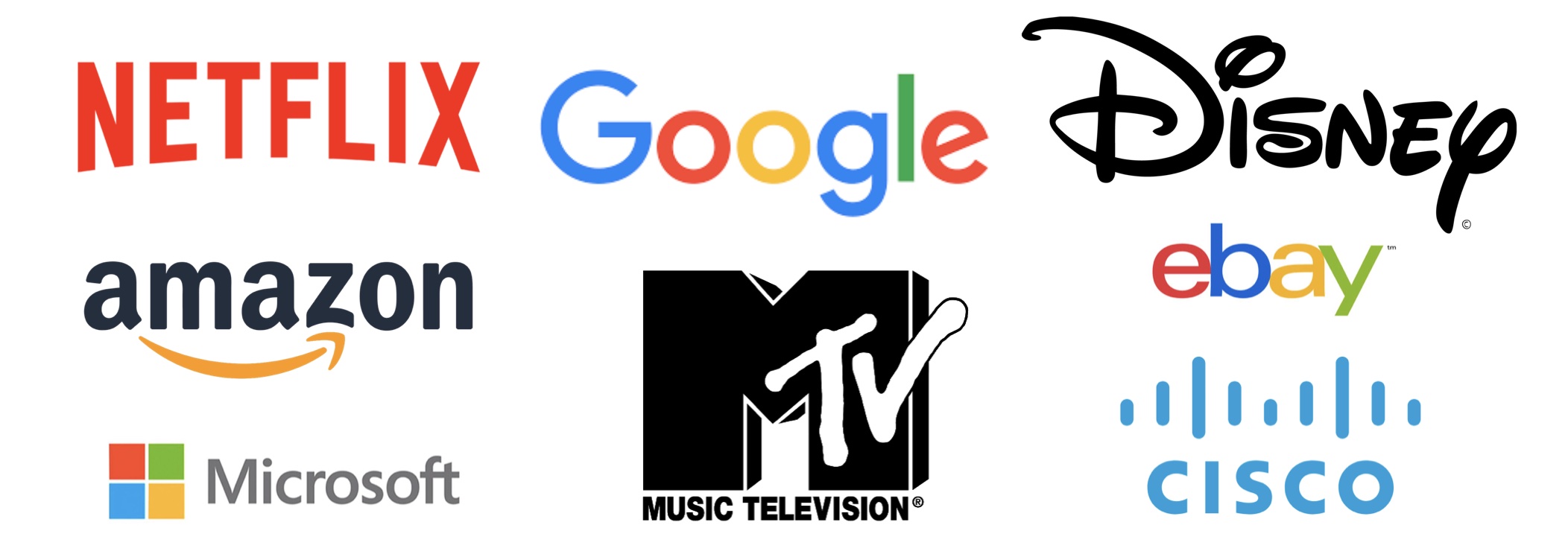 Corporate logos for Netflix, Disney, Google, Microsoft, ebay, Cisco, MTV and Amazon
